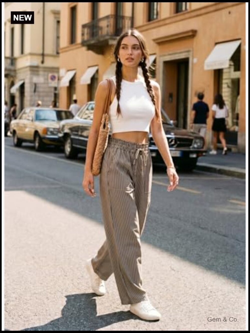 High Waisted Striped Barrel Casual Pants Drawstring Trousers - Picture 2 of 7
